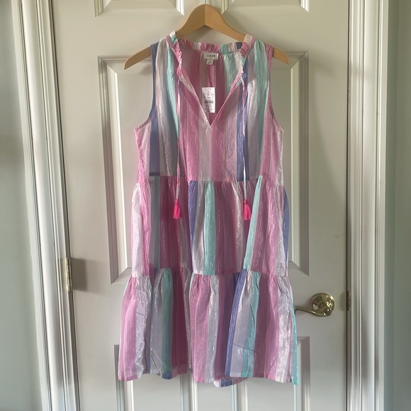 NWT J. Crew  Factory Ruffle Shimmer Beach Tiered Sheer Dress Pastel Stripe Sz S - Picture 2 of 9